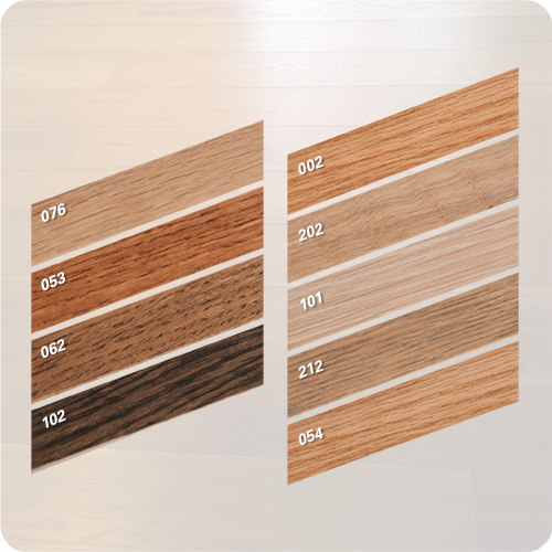 Farbabbildungen für LEINOS Hartwachsöl: Farblos, Farblos glänzend, Kirsche, Sandgelb, Nussbaum, Eiche natur, Doppelweiß, Ebenholz, Neutralisierend, Weiß, Grau.